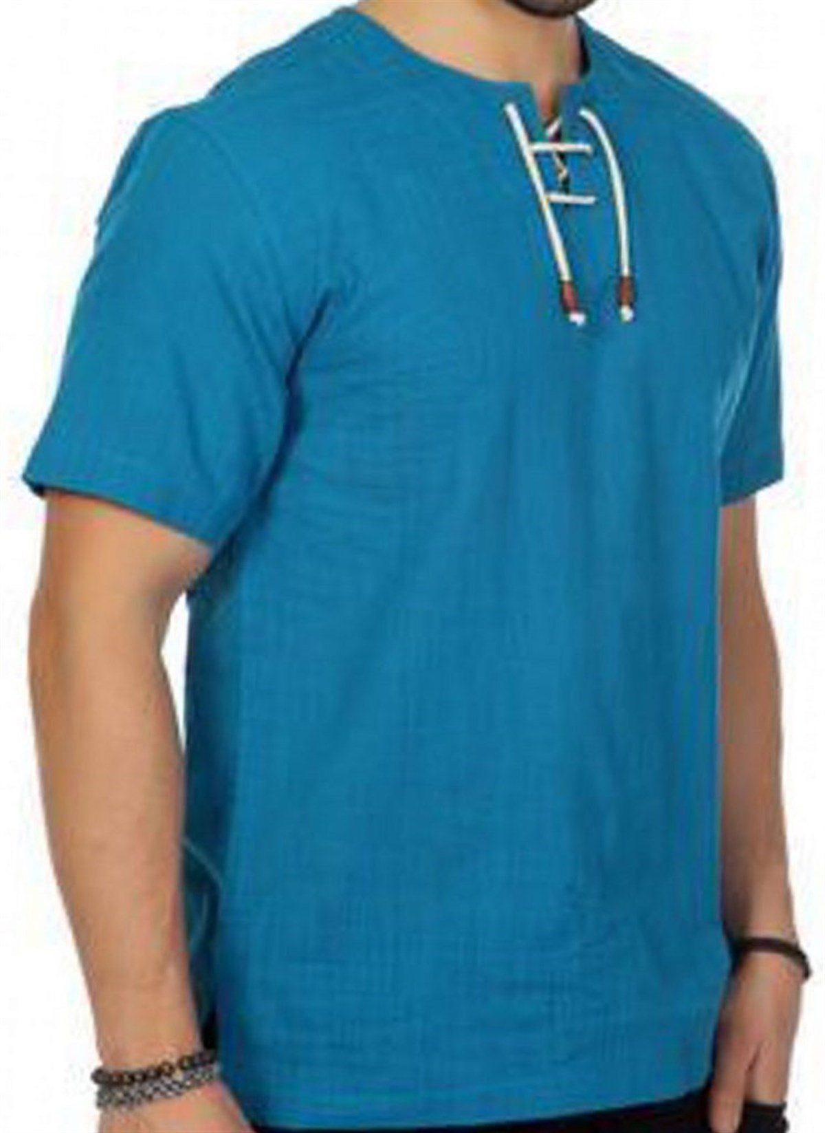 Petrol Mavi Yakasız Kısa Kollu Tshirt