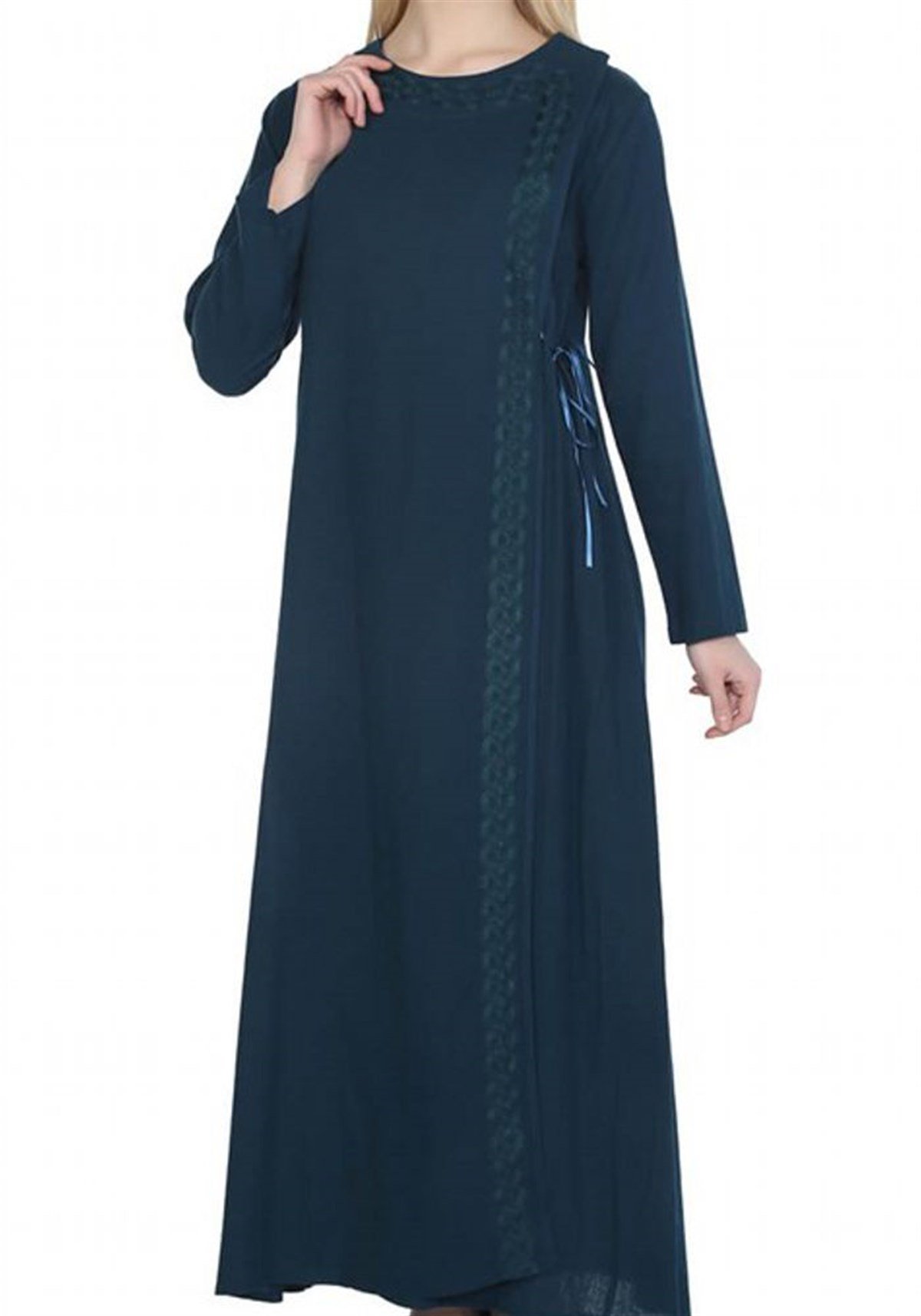 Petrol Mavisi Nakışlı Ferace