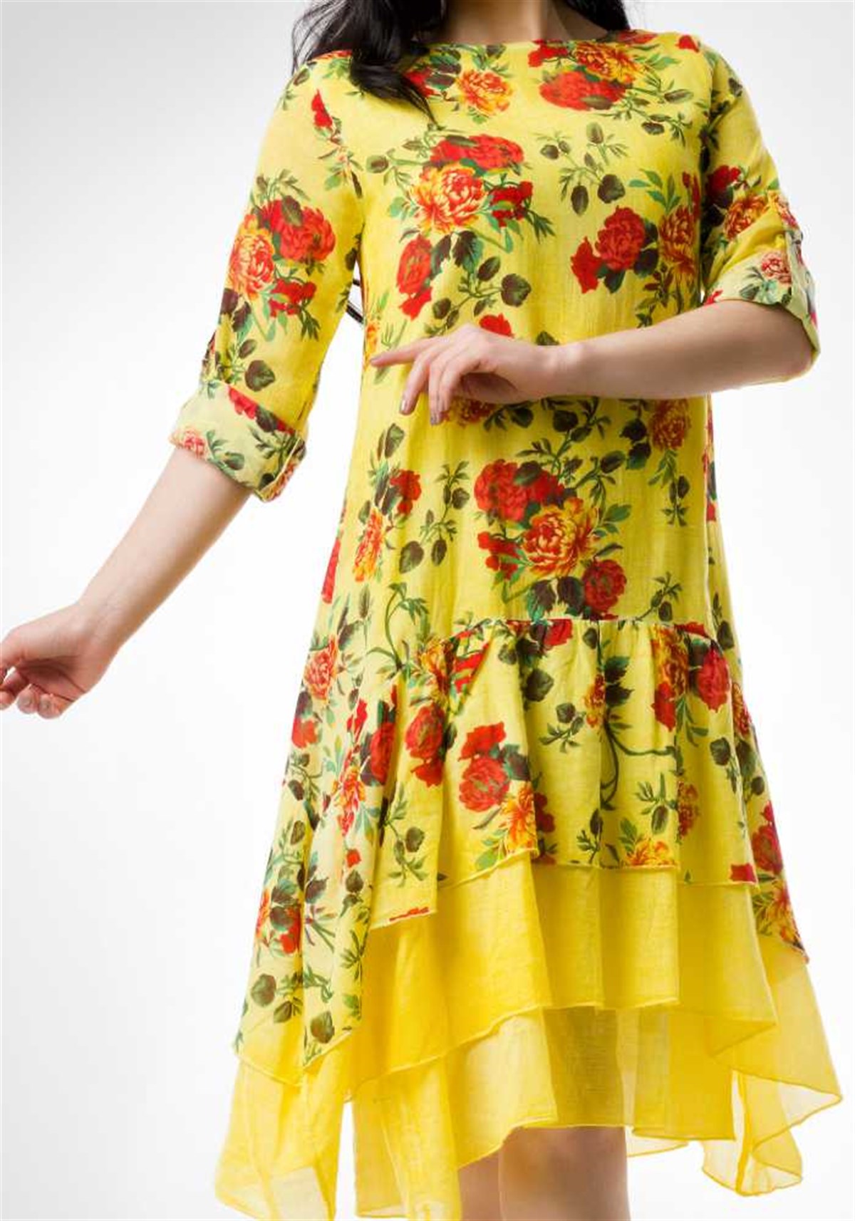 Pileli Yarım Kol Sarı Elbise