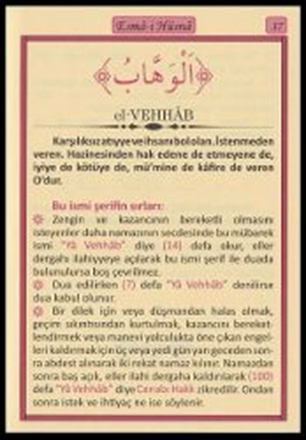 Plastik Kapak Büyük Cep Boy Şifa ve Sırlarıyla Esma i Hüsna Türkçe Arapça Şamua Kağıt Renkli Dua 113