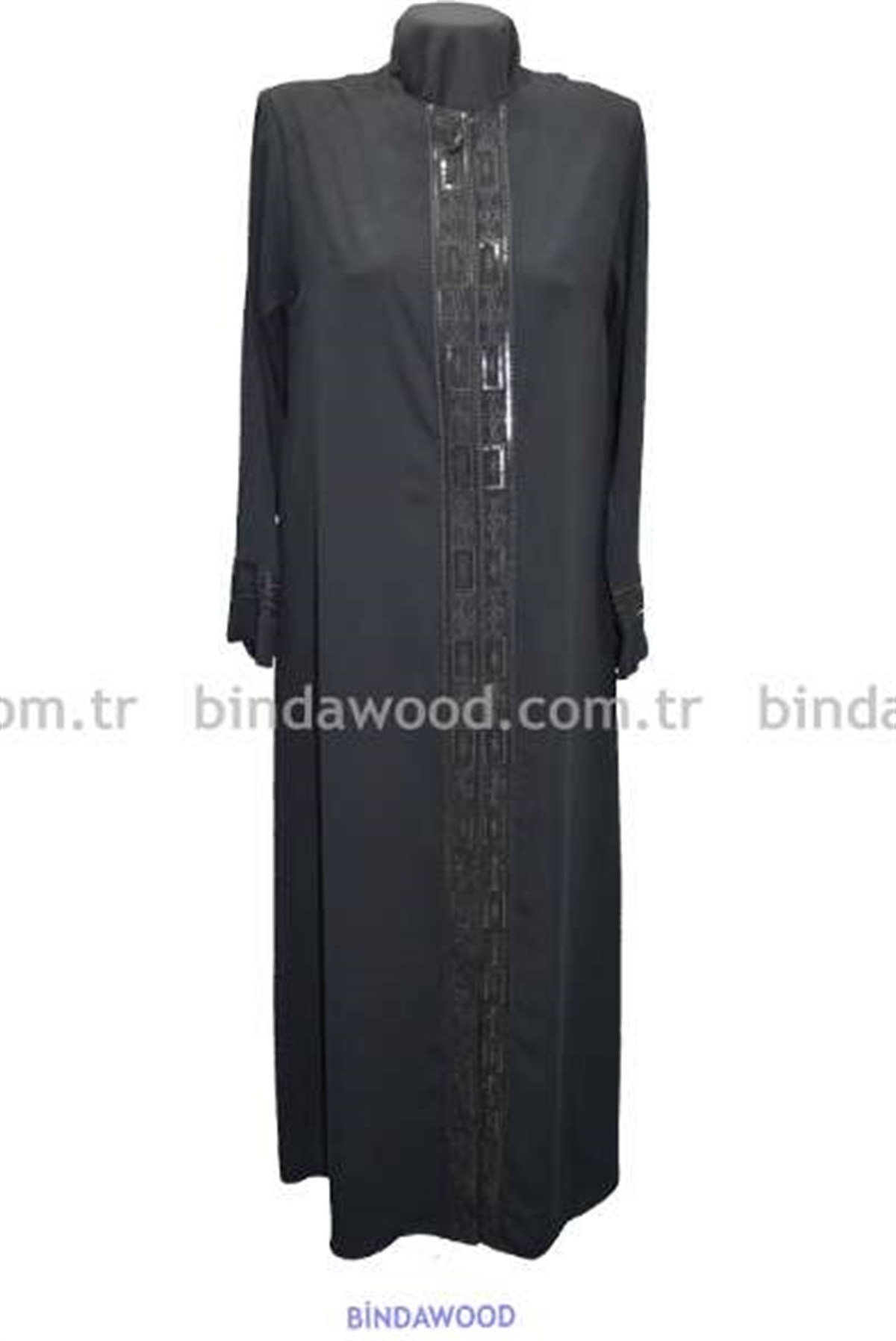 Pullu Nakışlı Siyah Gizli Düğmeli Ferace