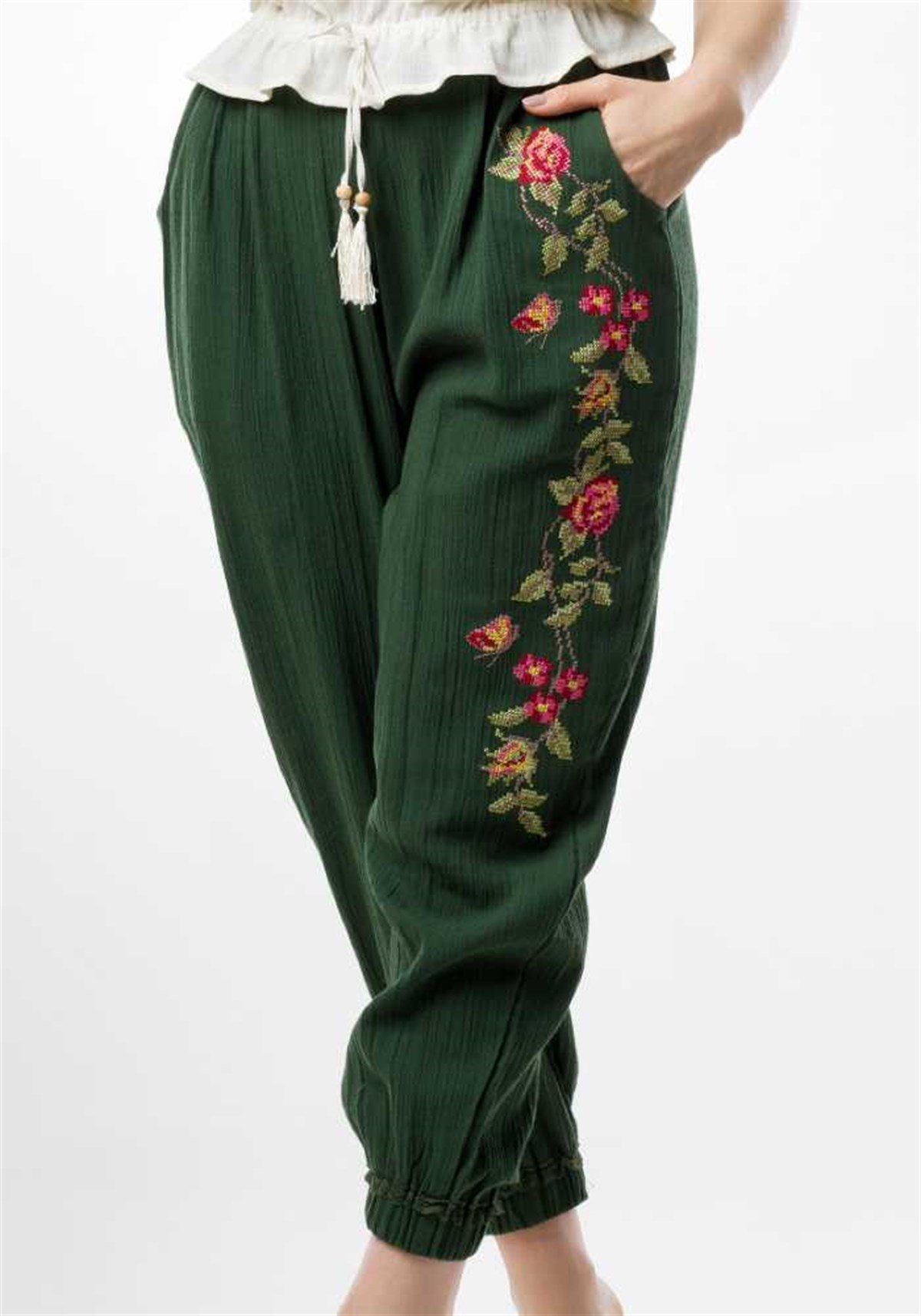 Şalvar Nakışlı Yeşil Şilebezi Rahat Kalıp Pamuklu