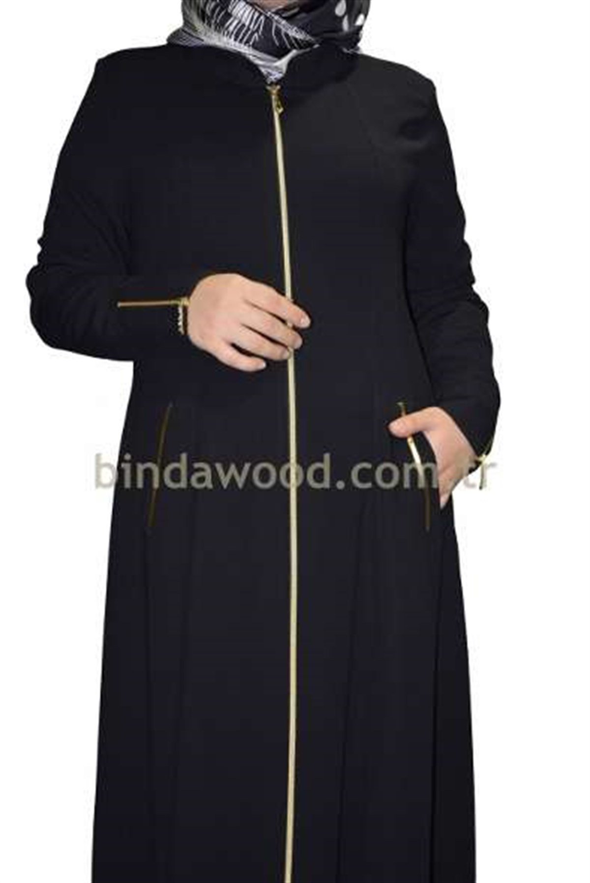 Sarı Fermuarlı Cepli Tesettür Ferace