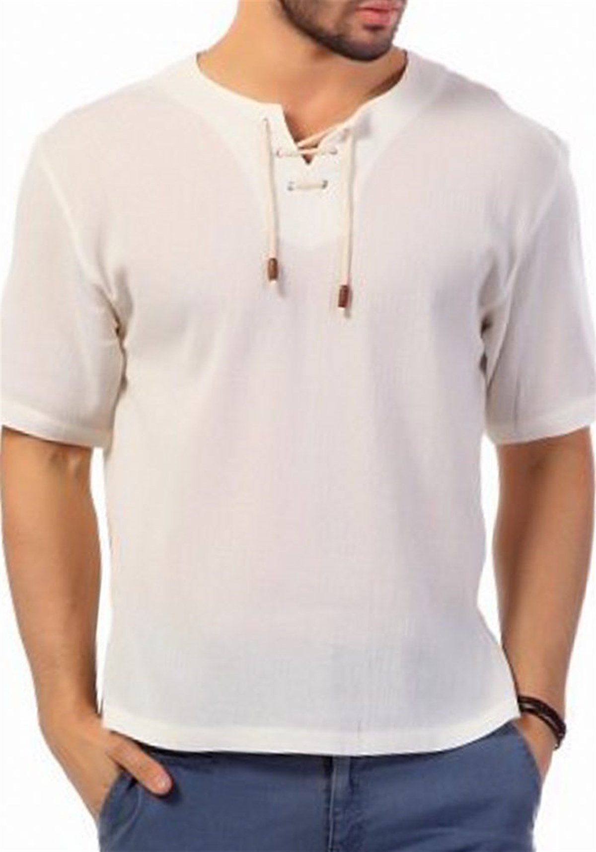 Şile Bezi Yakasız Tshirt Bağcıklı Kısa Kollu Krem
