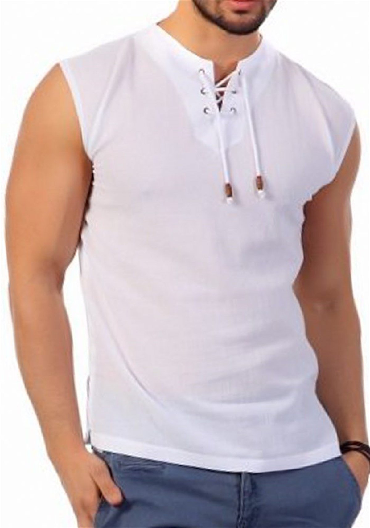 Şile Bezi Yakasız Tshirt Bağcıklı Kolsuz Beyaz