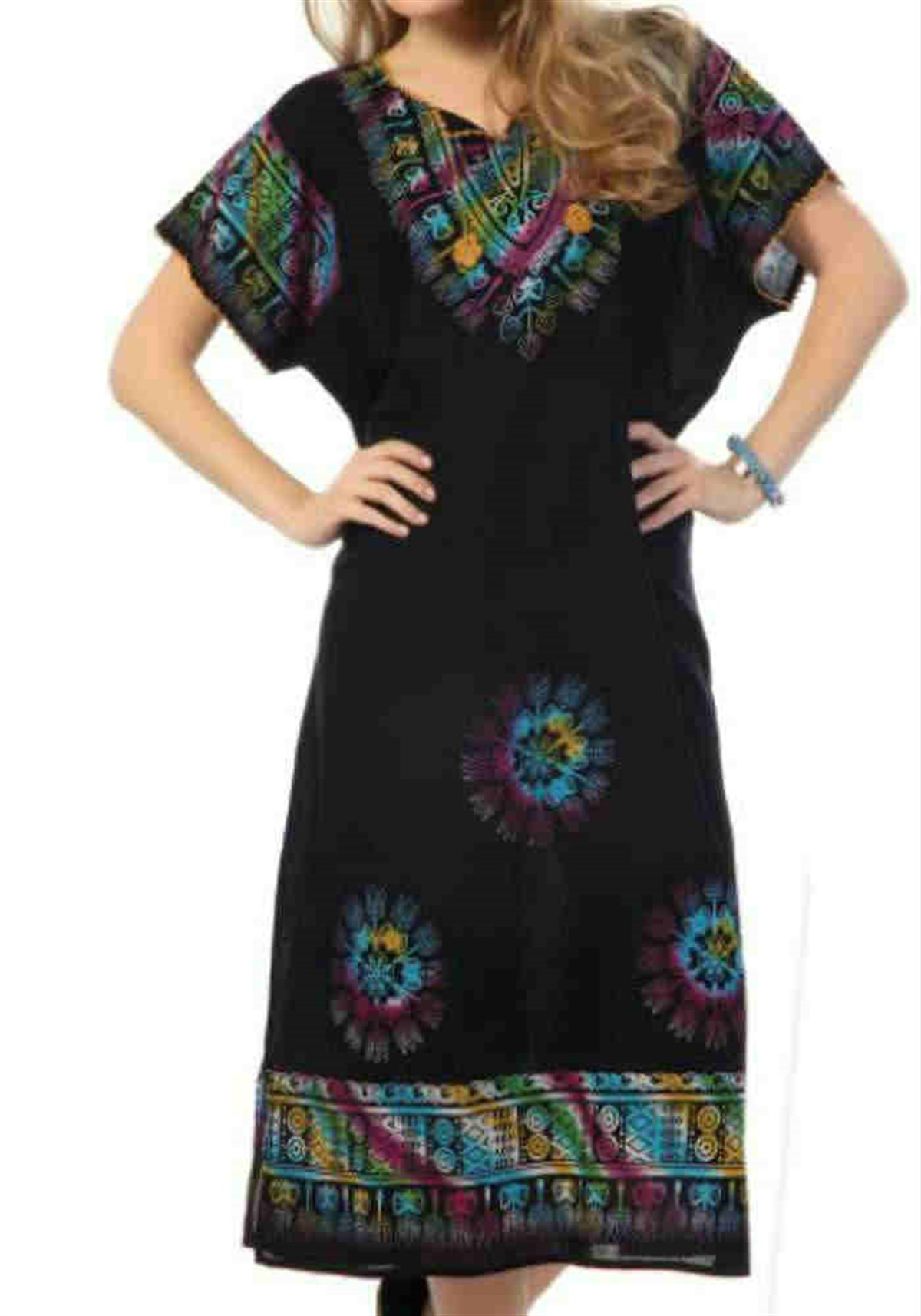 Taşbaskı Elbise Renkli Kısa Kollu Siyah