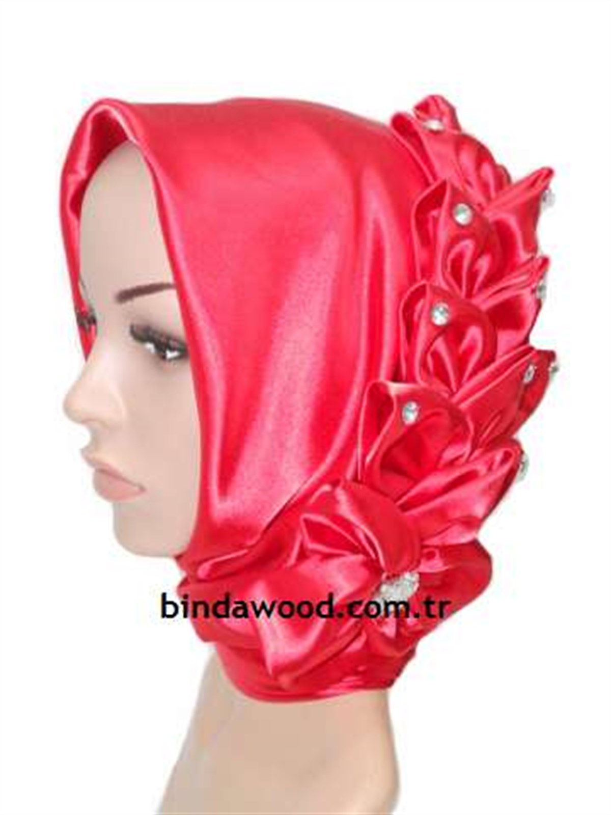 Taşlı Kırmızı Çiçekli Hazır Türban
