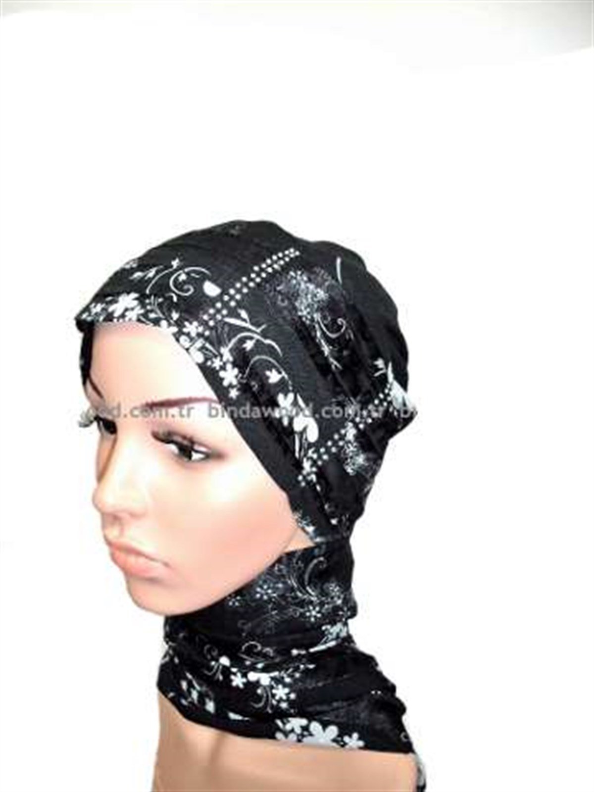 Taşlı Siyah Desenli Şallı Hazır Türban