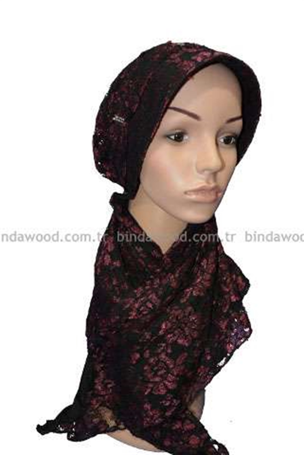 Türban Fularlı Bordo Siyah Taşlı