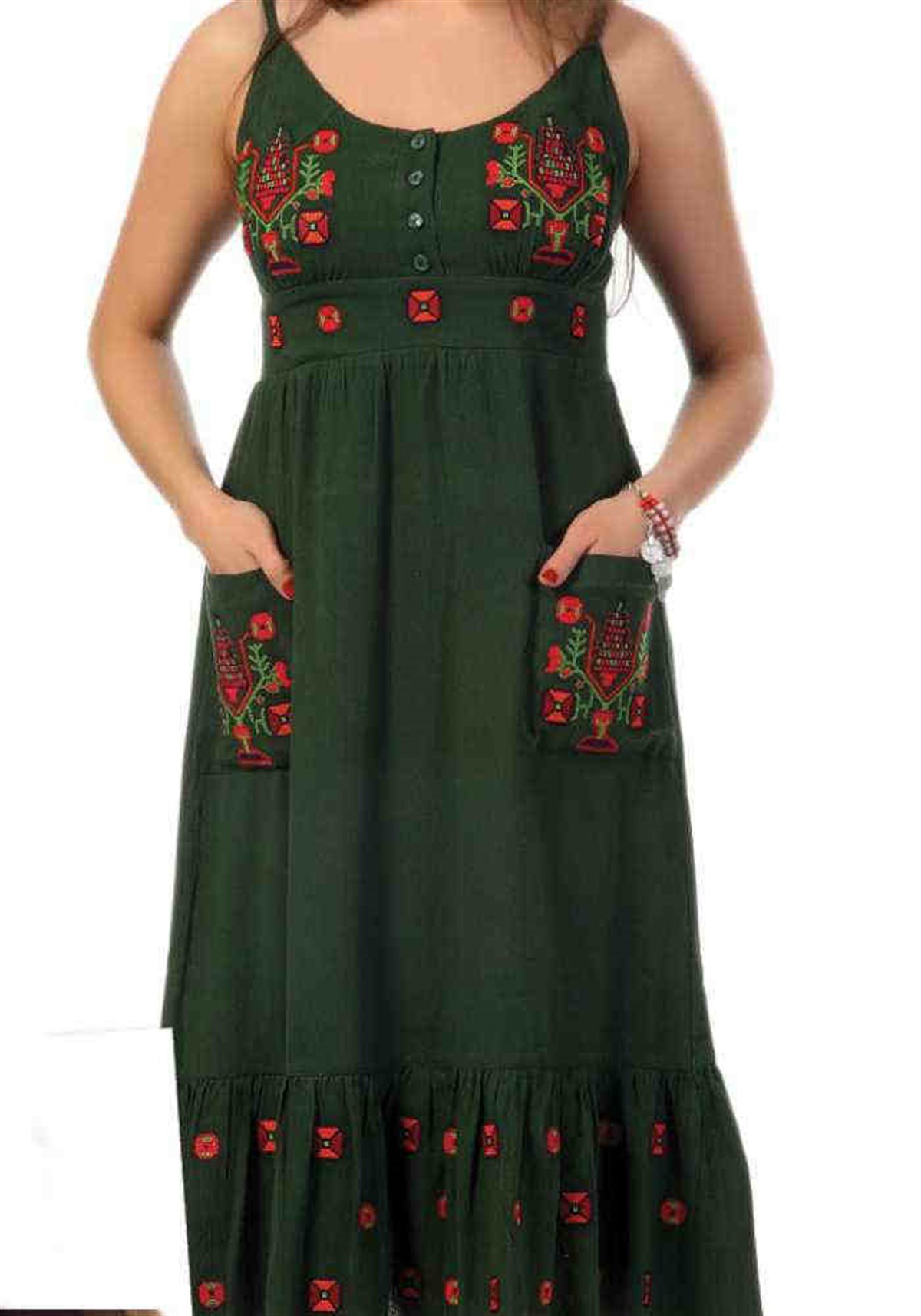 Yakası Düğmeli Askılı Elbise