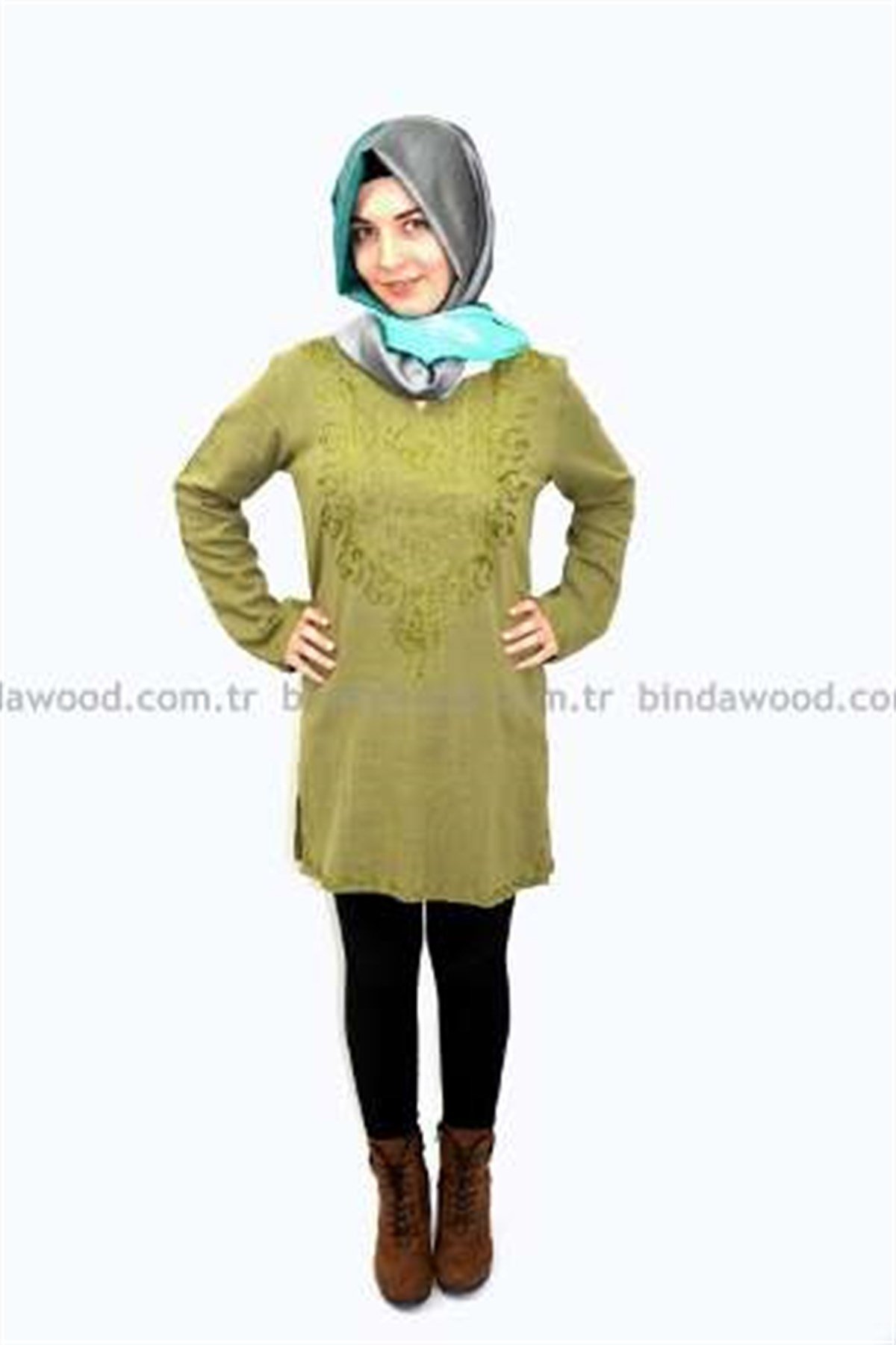 Yeşil Simli Nakışlı Pamuklu Tunik