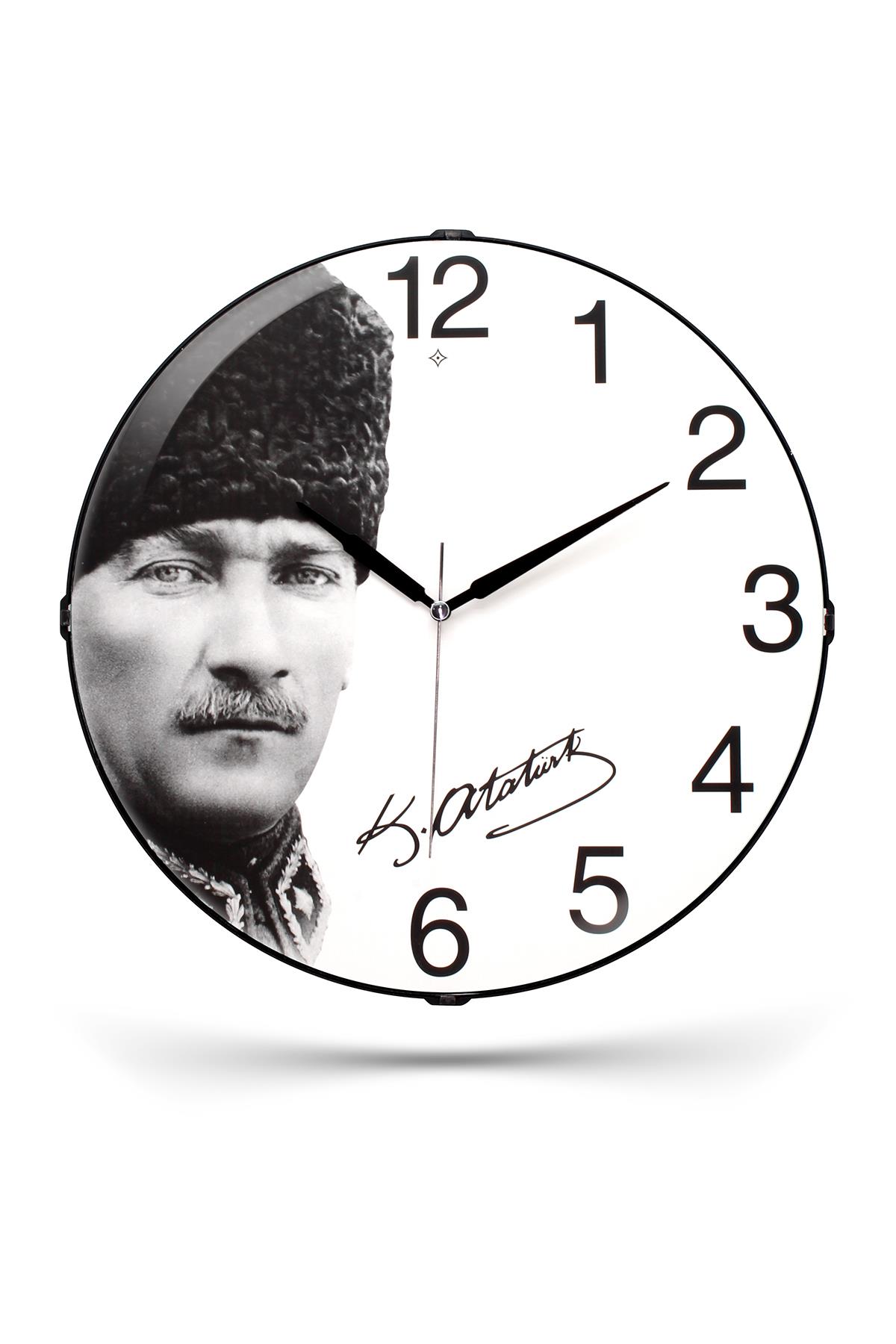 ATATÜRK BASKILI BOMBELİ CAM DUVAR SAATİ 35 CM