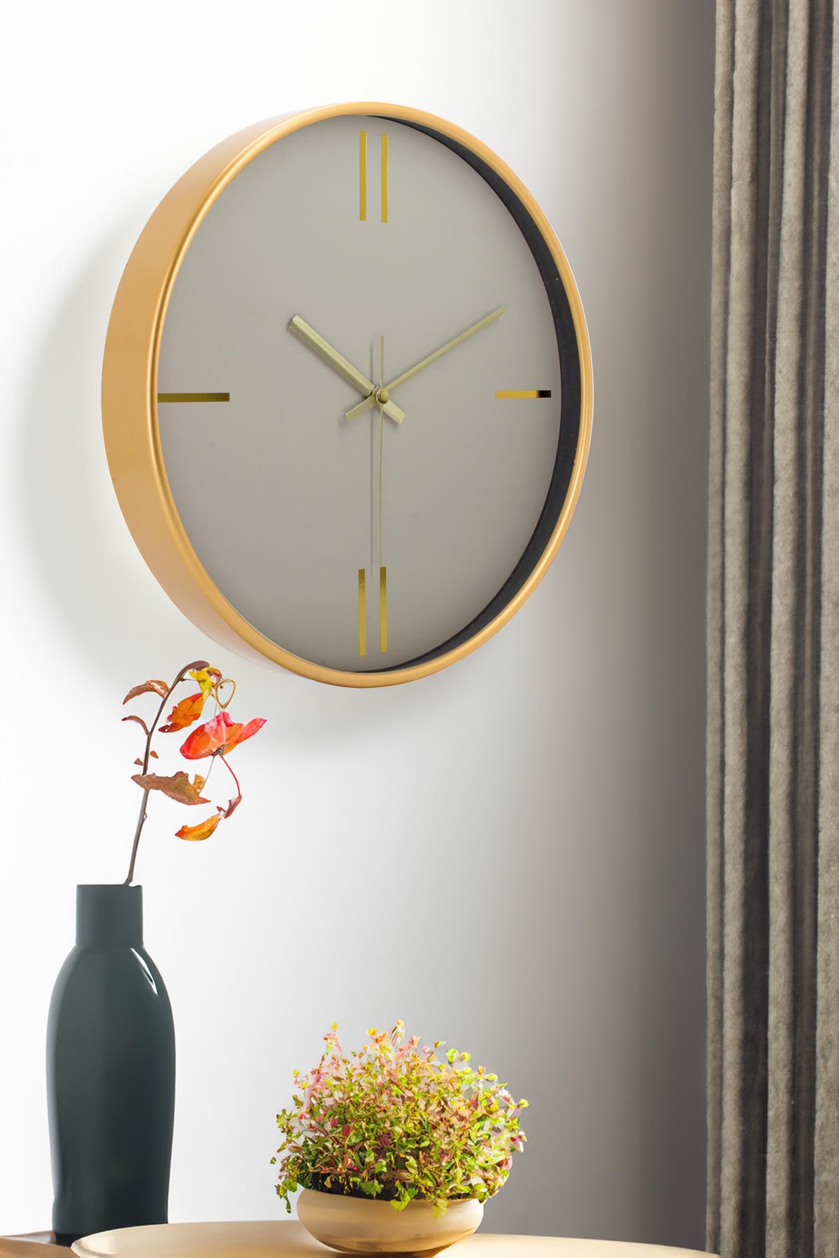 DEKORATİF KREM KADRAN ÇİZGİLİ RAKAM GOLD DUVAR SAATİ 29.5 CM