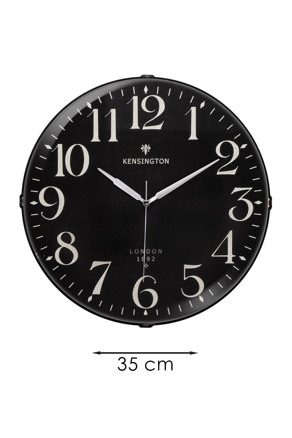 KENSINGTON LONDON YAZILI SİYAH ZEMİNLİ BOMBELİ DUVAR SAATİ 35 CM