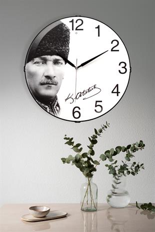 ATATÜRK BASKILI BOMBELİ CAM DUVAR SAATİ 35 CM