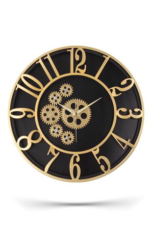Çarklı Siyah Kasa Gold Rakam Duvar Saati 34 cm