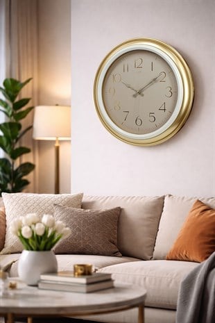 GOLD KASA KREM CERCEVE DUVAR SAATİ 44.5 cm 