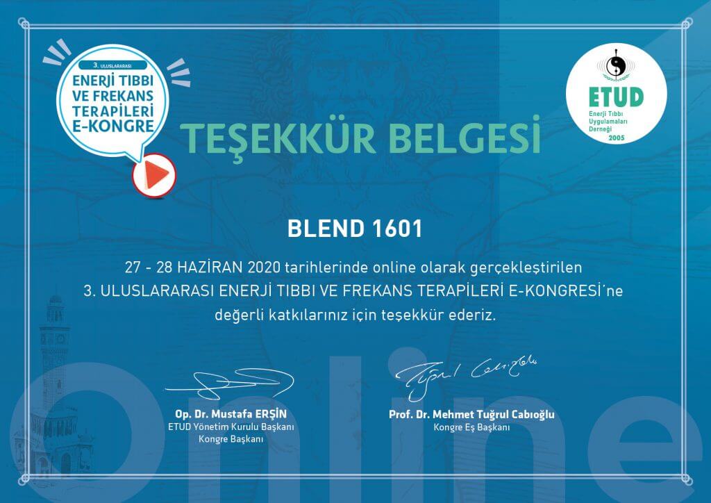 Enerji Tıbbı ve Frekans Terapileri e-kongre teşekkür belgesi 2020.06.27-28