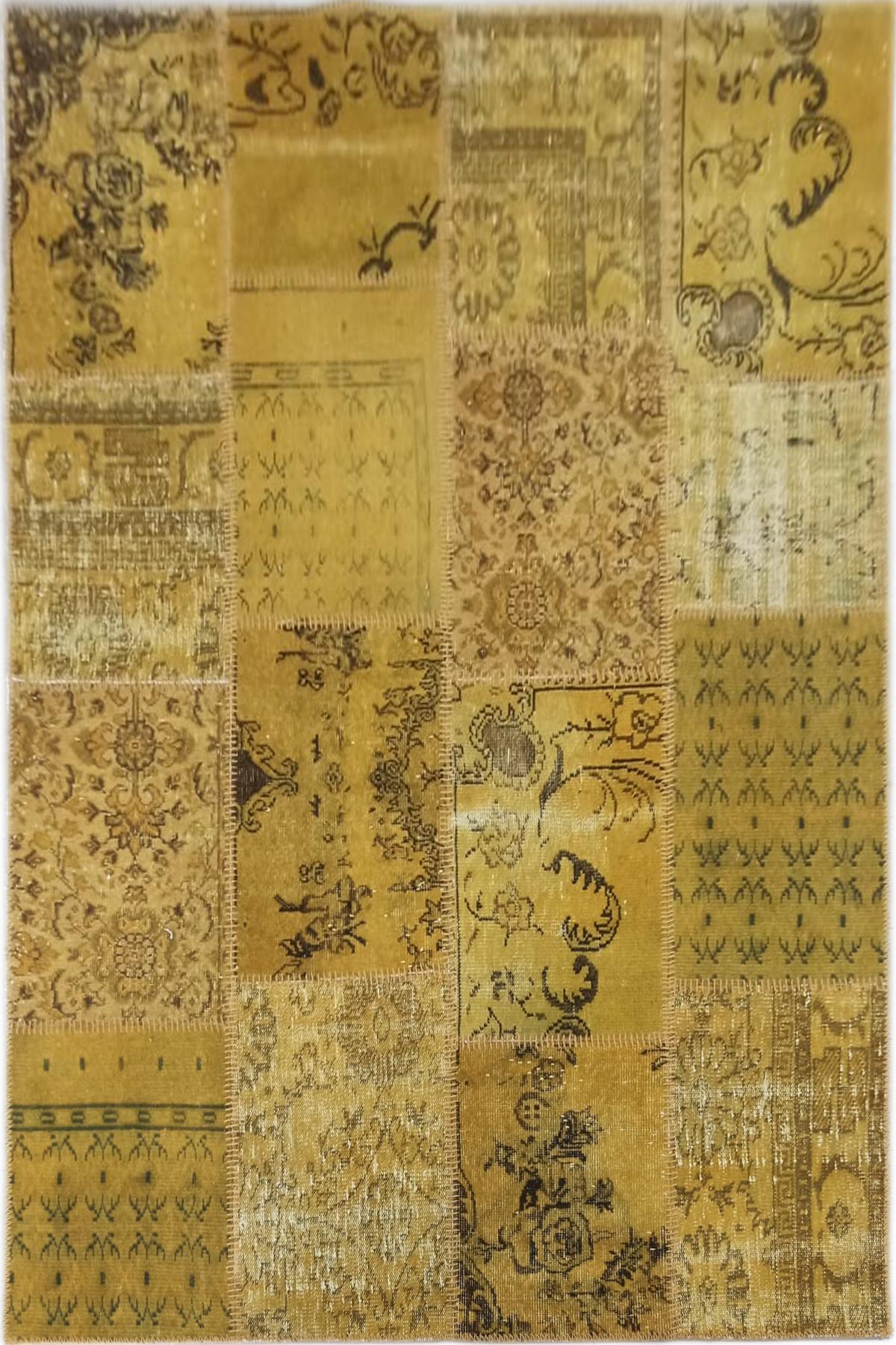 Çam Halı 724 Sarı El Dokuma Patchwork Yün Halı