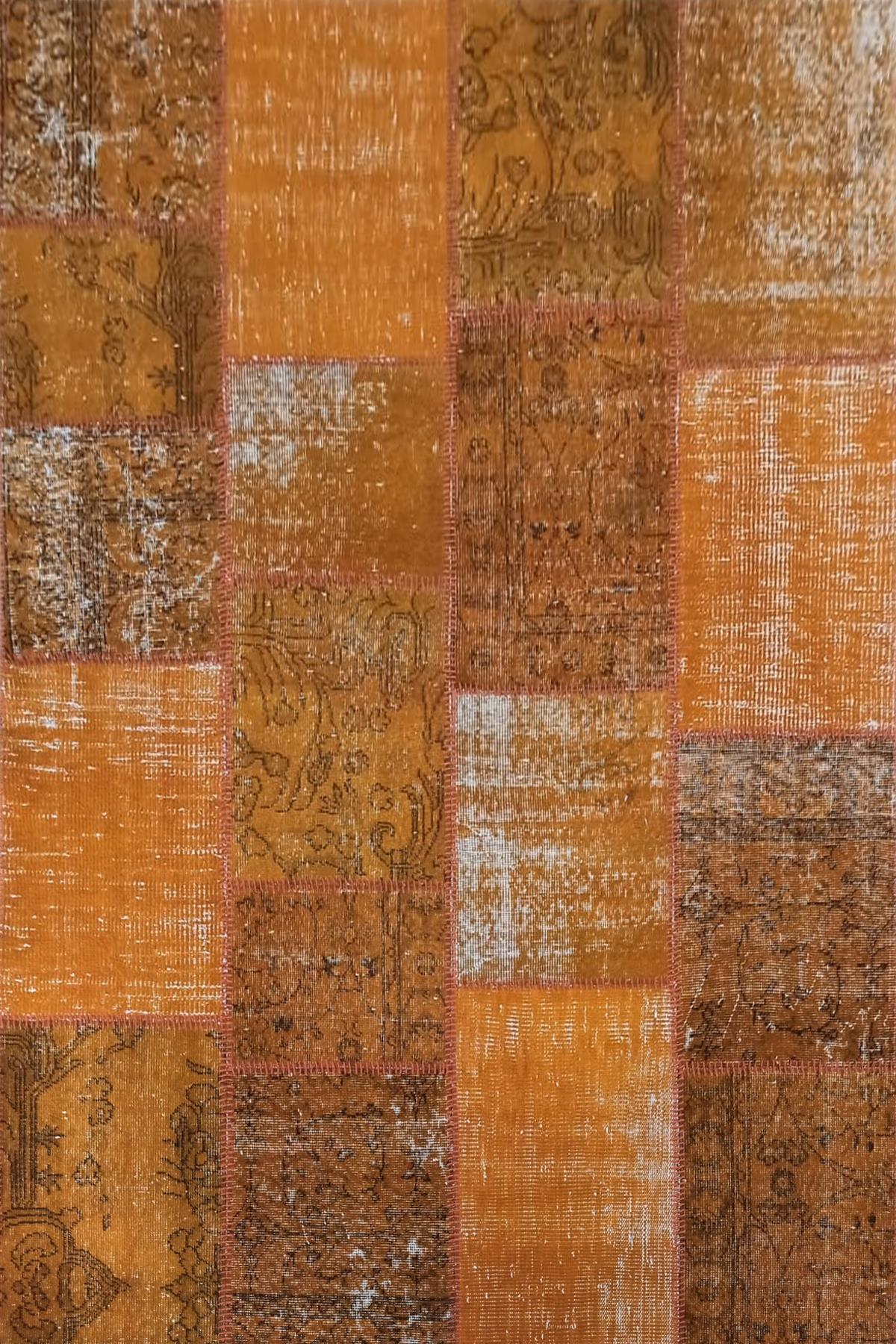 Çam Halı 725 Turuncu El Dokuma Patchwork Yün Halı