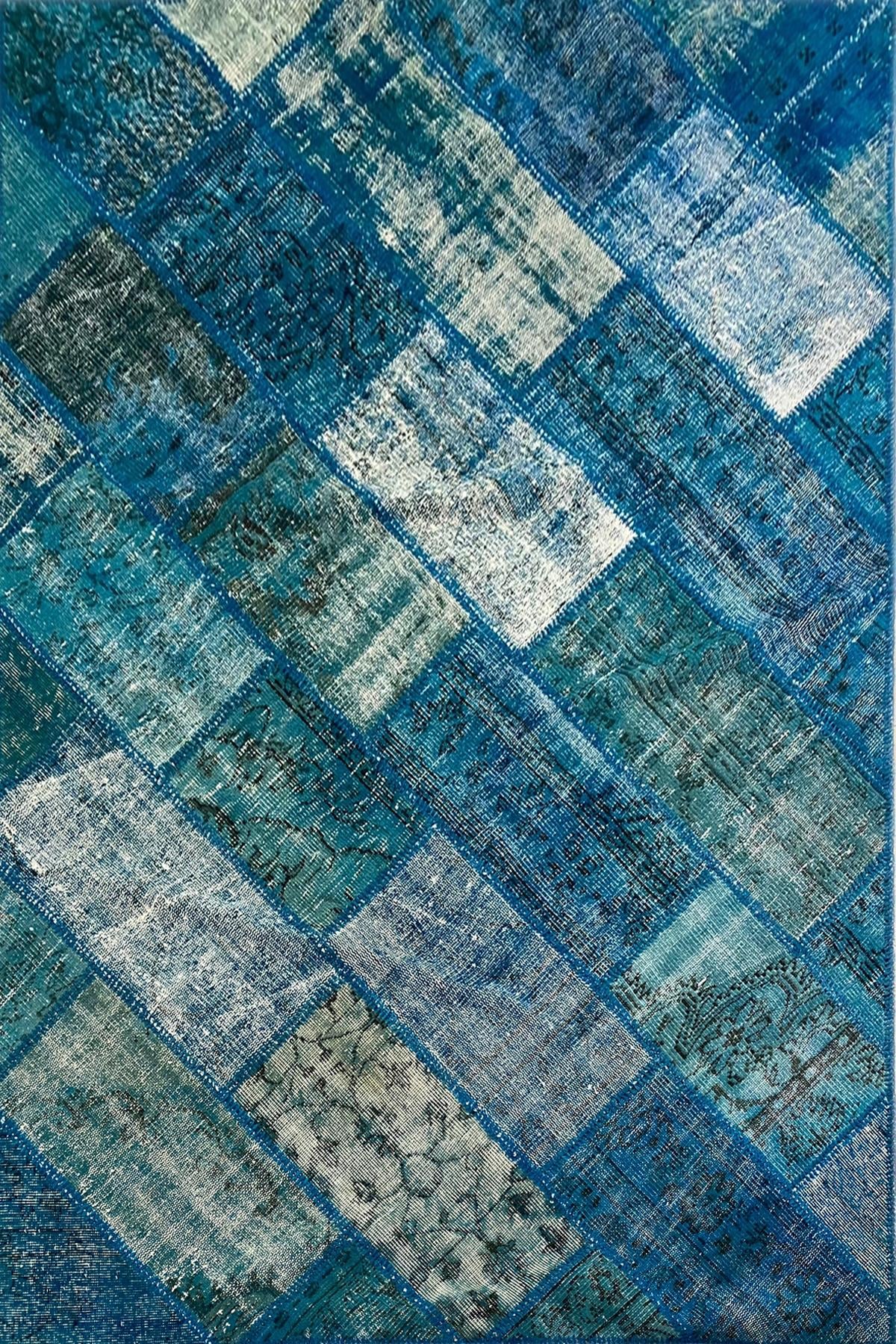 Çam Halı 729 Turkuaz El Dokuma Patchwork Yün Halı