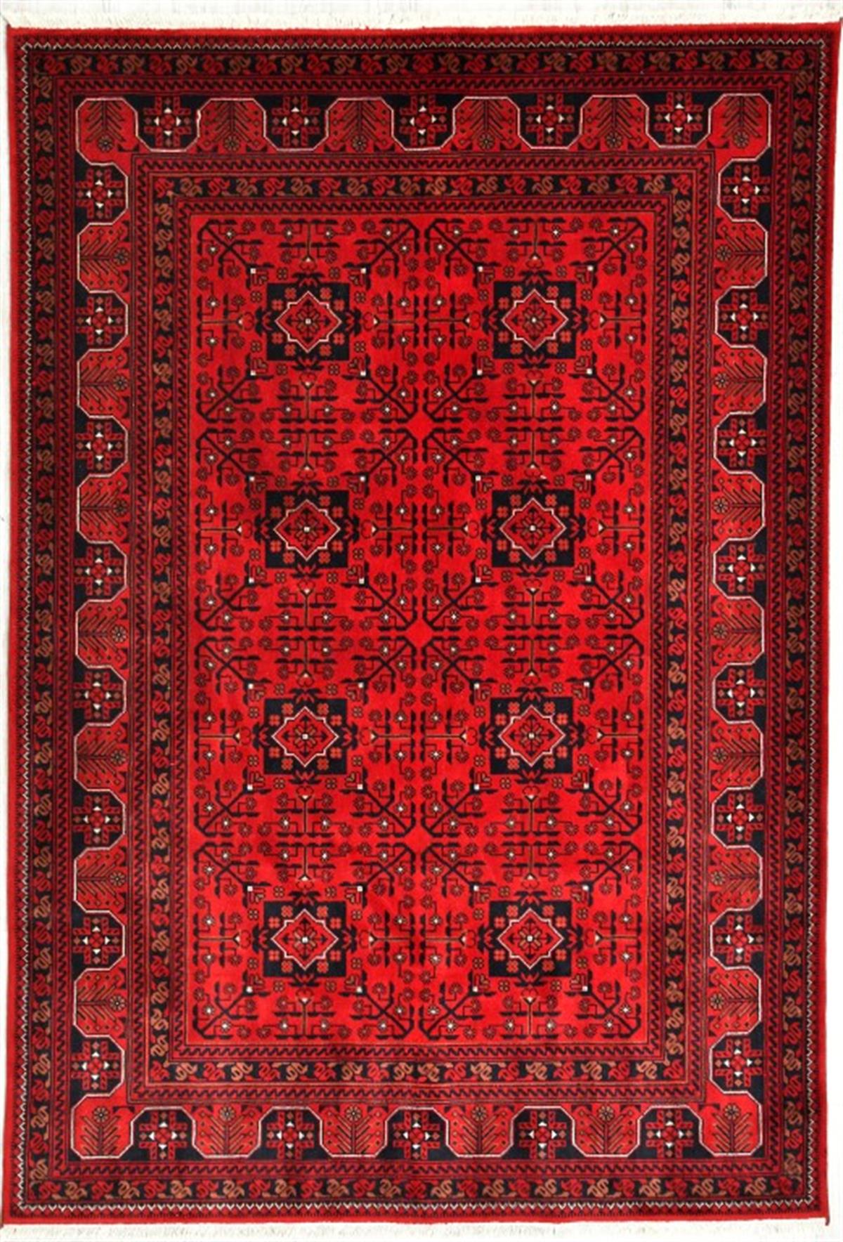 Çam Halı Bambos Plus 901 Kırmızı Yün ve Bambu ile Özel Tezgahlarda Üretilen Afgan Halısı Desenli El Emeği Modern Uşak Halısı