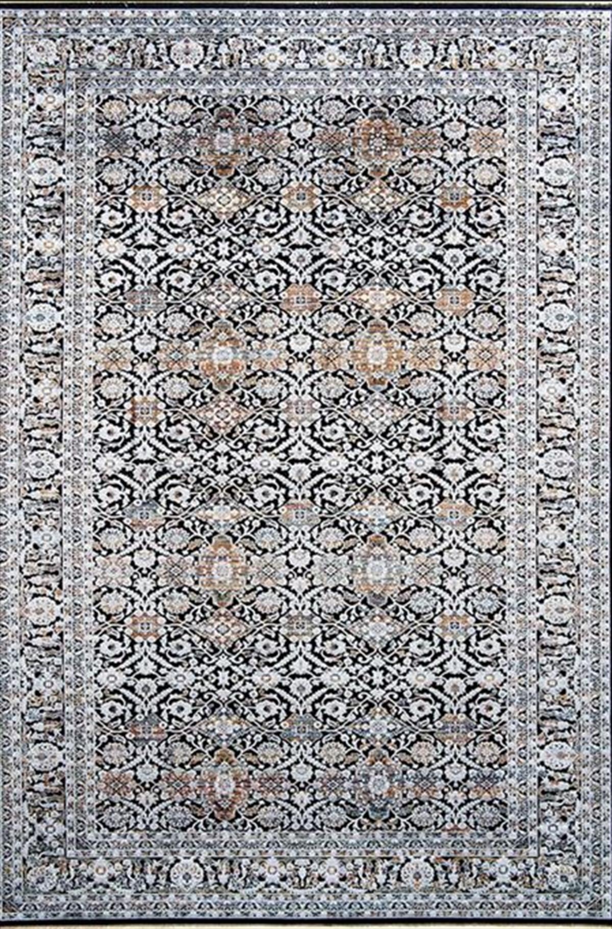 Çam Halı Buhara 3502 Siyah Romans Halı Eskitme Desenli Makine Halısı