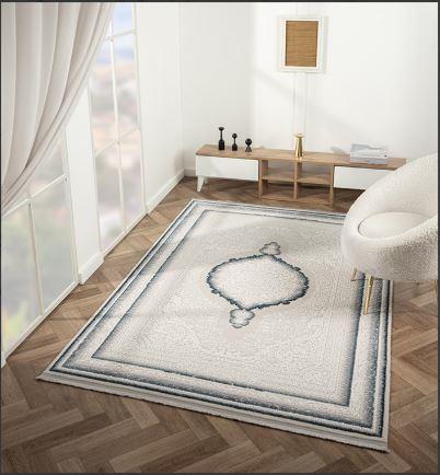 Çam Halı Crown FL001M Krem Lacivert Klasik Desen Salon Halısı