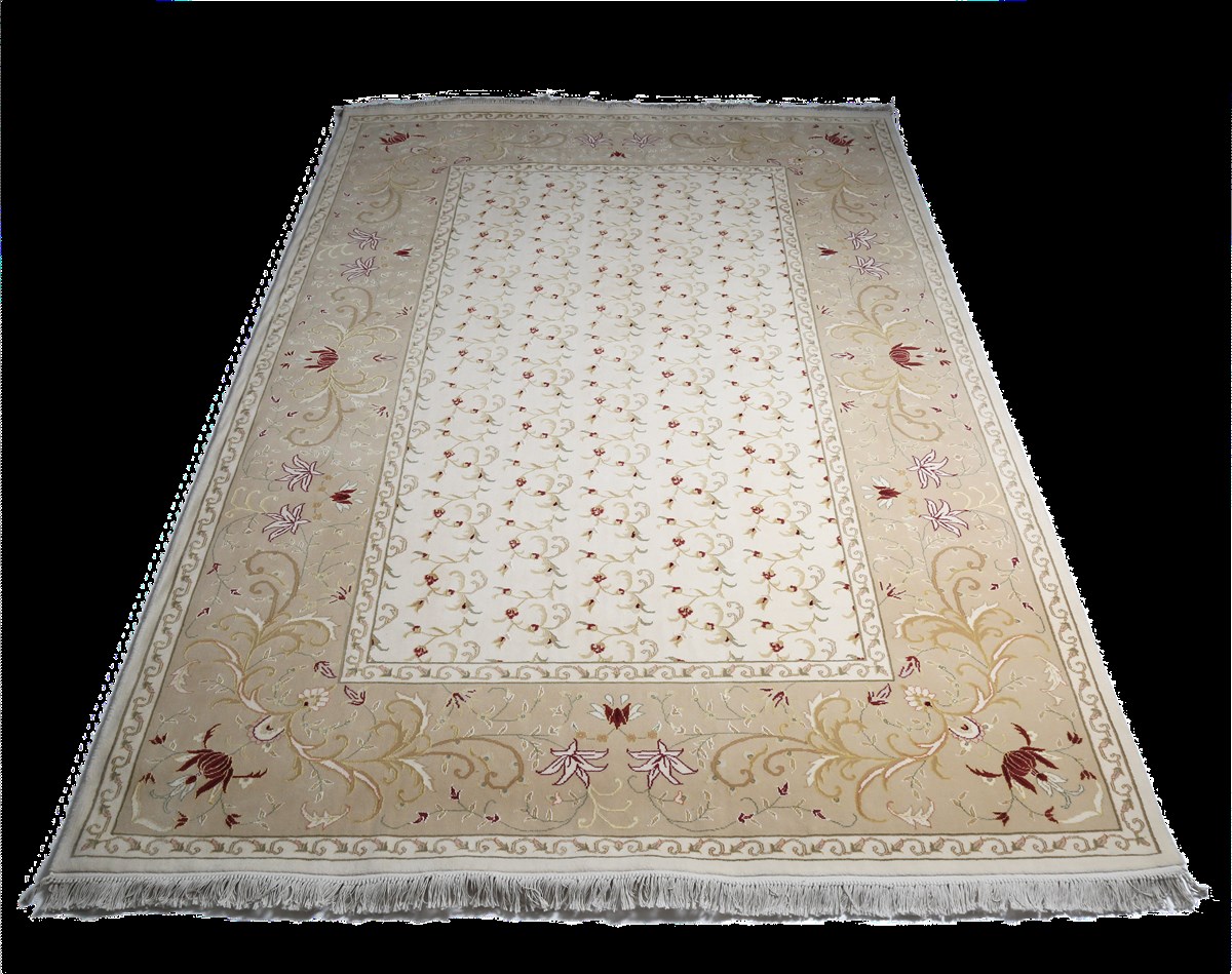 Çam Halı Isfahan Krem Bej Klasik Desen Yün ve İpek El Dokuması Halı