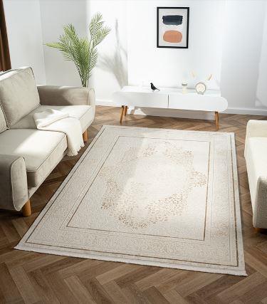 Çam Halı Karen KN008B Krem Bej Klasik Eskitme Desen Salon Halısı