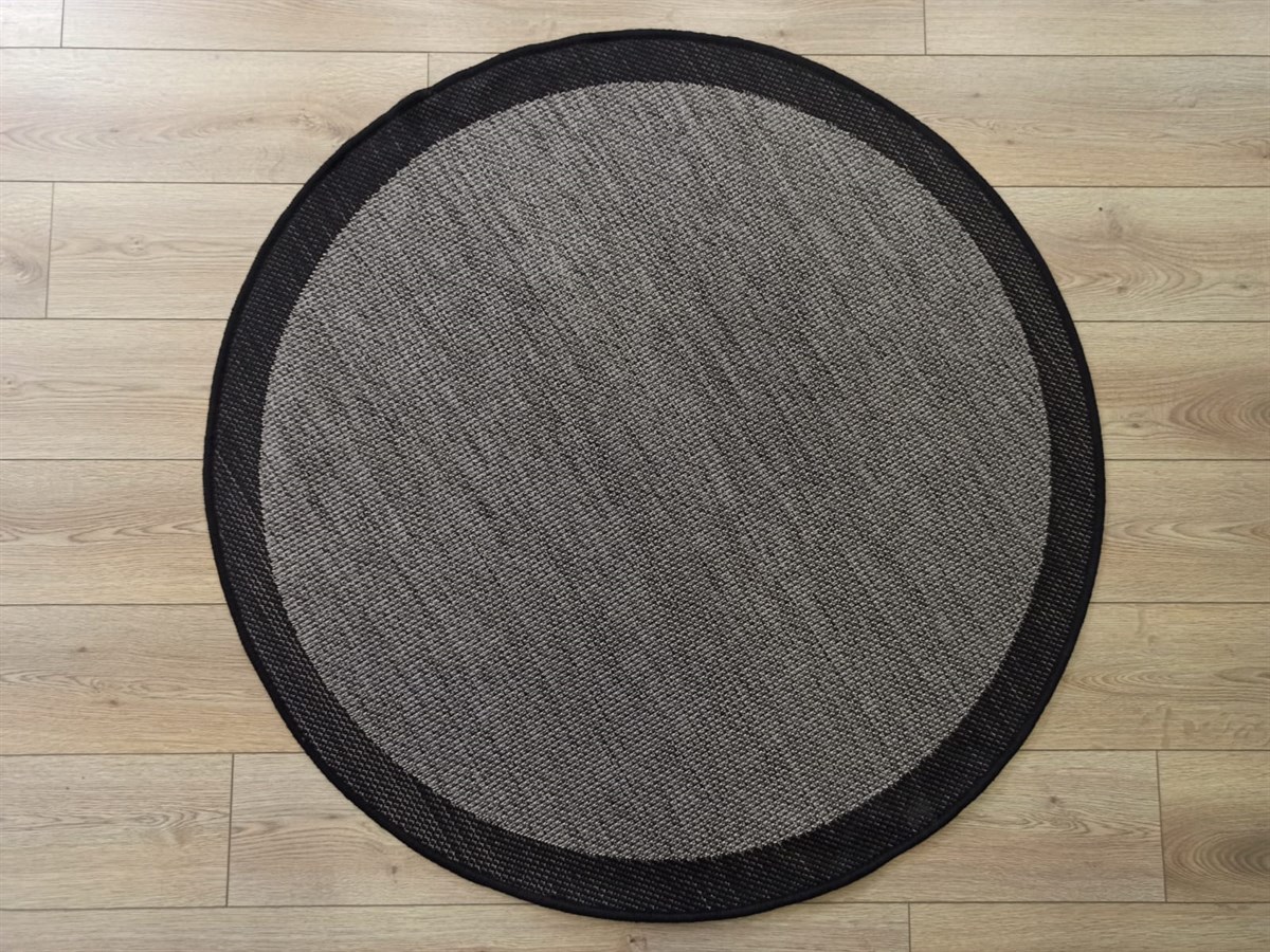 Çam Halı Sisal 9715 Gri / Siyah Bordürlü Daire Jüt Sisal Kilim