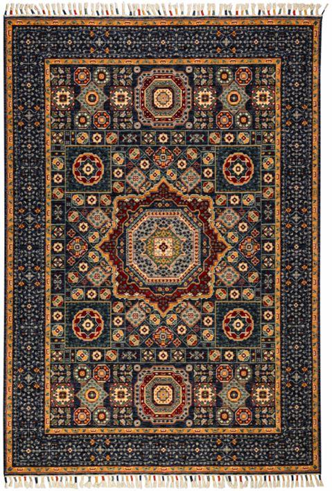 Çam Halı Sultani 821 Lacivert Yün ve Bambu ile Özel Tezgahlarda Üretilen Otantik Desenli El Emeği Modern Uşak Halısı