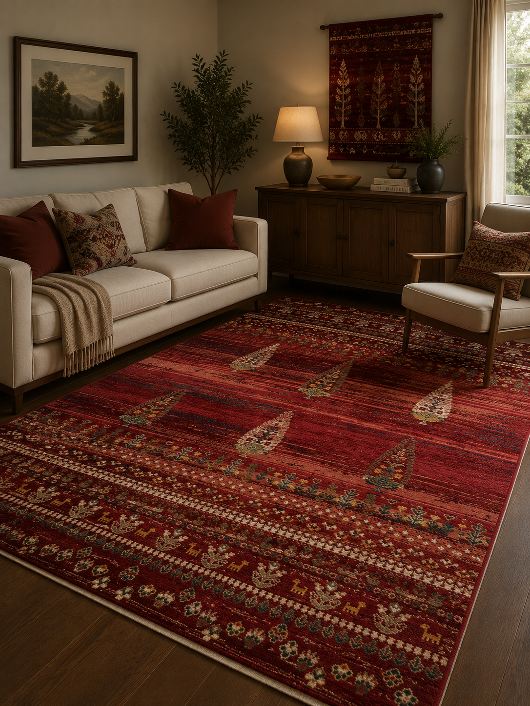 Eko Halı KYBELE KYB 02 RED Etnik Desenli Otantik Salon Halısı Oturma Odası Halısı Mutfak Halısı Modern Makine Halısı