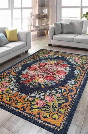 Çam Halı Anatolia 32-028 Karabağ Halısı Desenli Dokuma Tabanlı Yıkanabilir Şönil Salon ve Oda Halısı