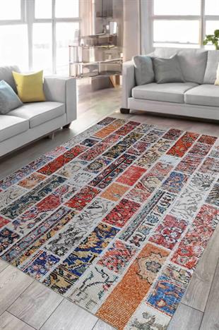 Çam Halı Siesta Patchwork 32-457 Etnik Eskitme Desenli Dokuma Tabanlı Yıkanabilir Şönil Salon ve Oda Halısı