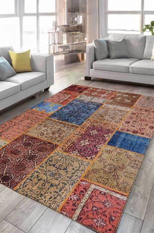 Çam Halı Siesta Patchwork 32-460 Etnik Eskitme Desenli Dokuma Tabanlı Yıkanabilir Şönil Salon ve Oda Halısı