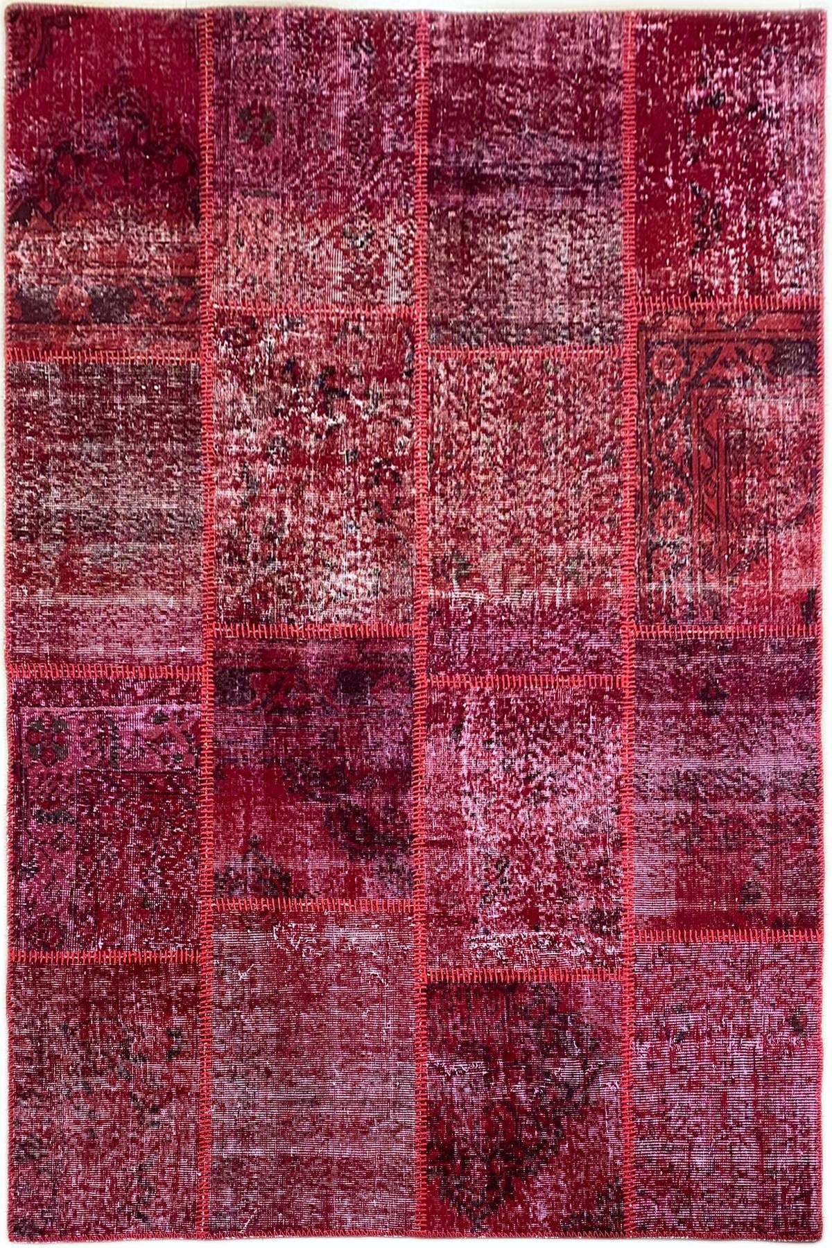 Çam Halı 122 Kırmızı El Dokuma Patchwork Yün Halı