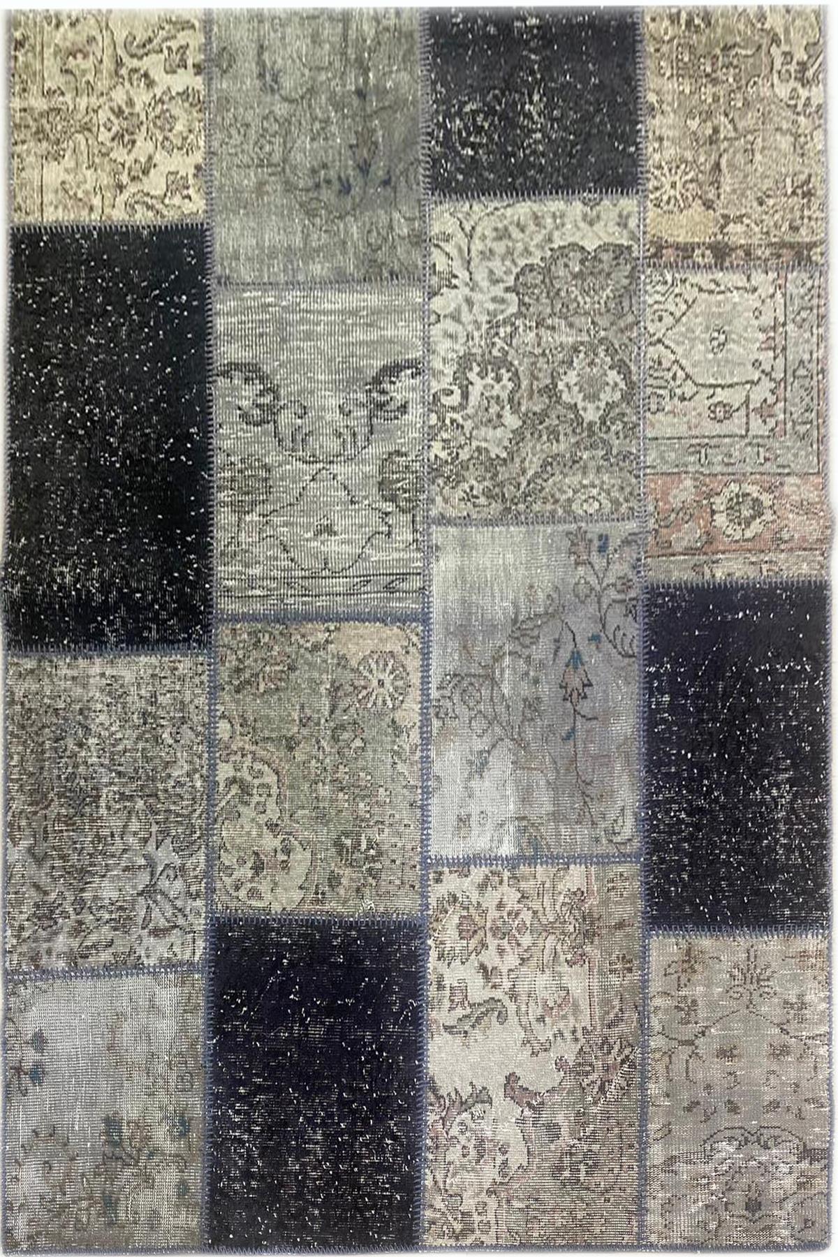 Çam Halı 489 Gri Siyah El Dokuma Patchwork Yün Halı