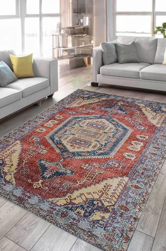 Çam Halı Anatolia 32-032 Etnik Eskitme Desenli Dokuma Tabanlı Yıkanabilir Şönil Salon ve Oda Halısı