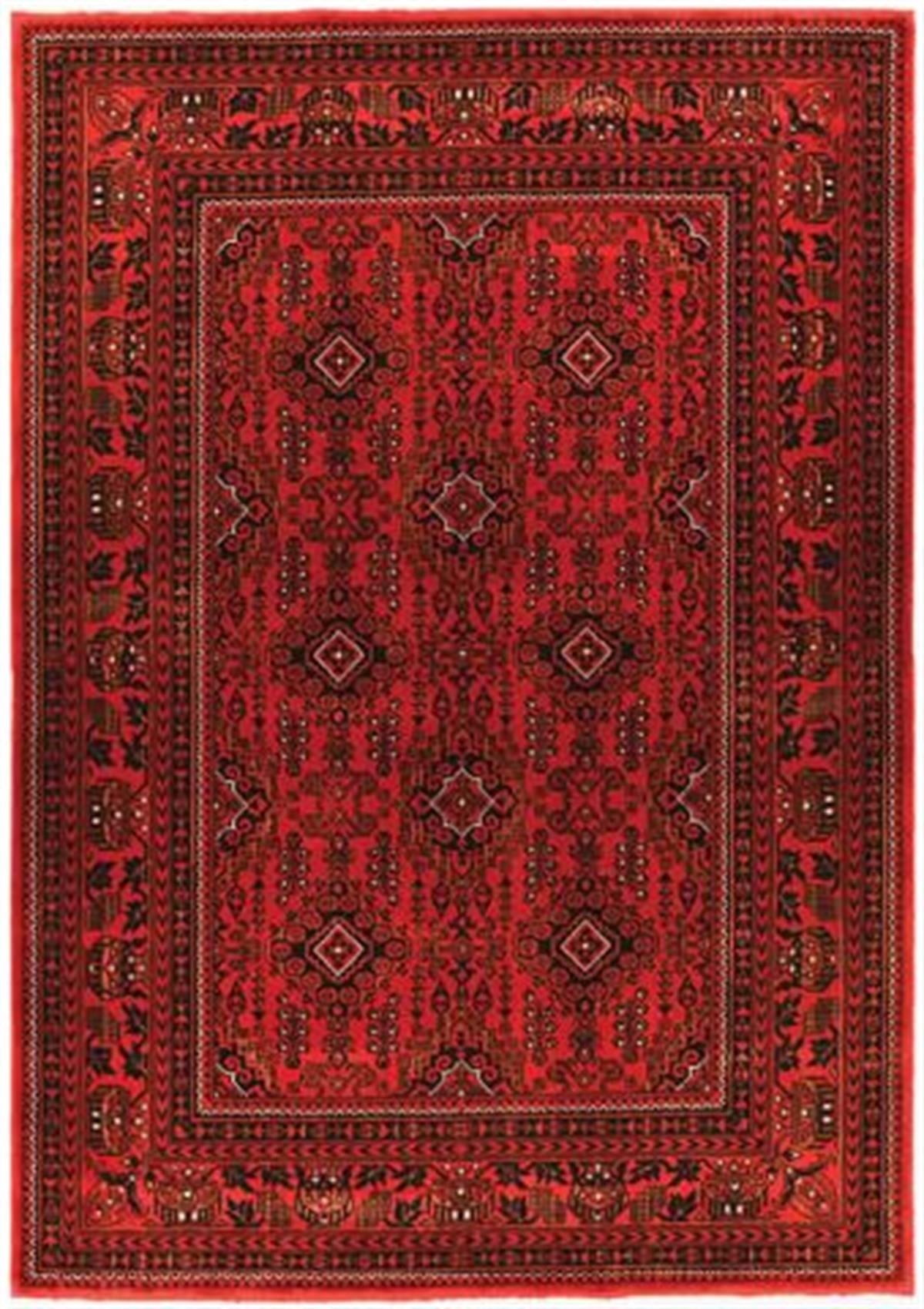 Çam Halı Bambos Plus 902 Kırmızı Yün ve Bambu ile Özel Tezgahlarda Üretilen Afgan Halısı Desenli El Emeği Modern Uşak Halısı