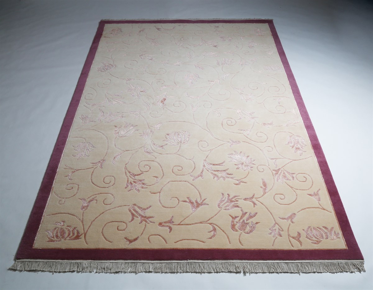 Çam Halı Elegance Salmira VV 668 Krem Lila Yeni Zellanda Yünü ve Viskon El Dokuması Halı