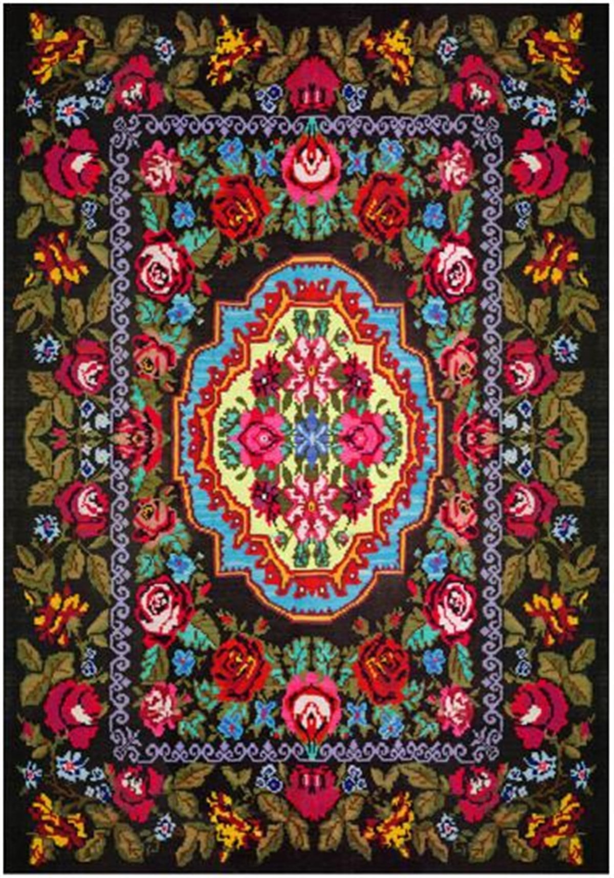 Çam Halı Gloria TD726 Siyah Karabağ Desen Dokuma Saçaklı Kilim
