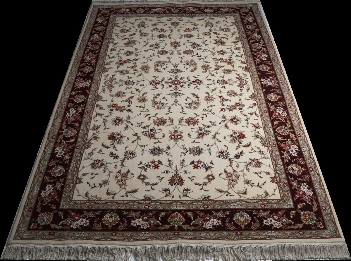 Çam Halı Isfahan Krem Bordo Klasik Desen İpek ve Yün El Dokuması Halı