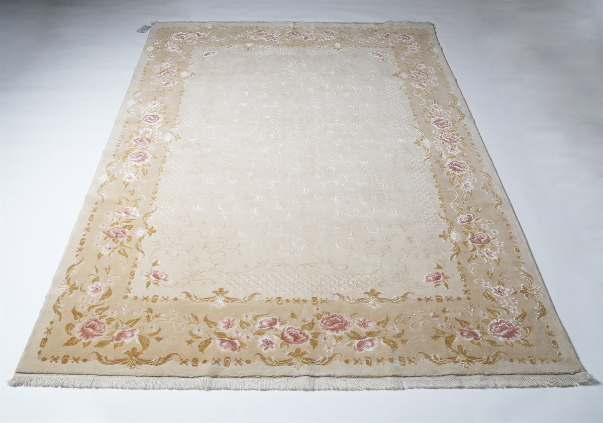 Çam Halı Mohair Krem Bej 1334 İpek ve Yün El Dokuması Halı