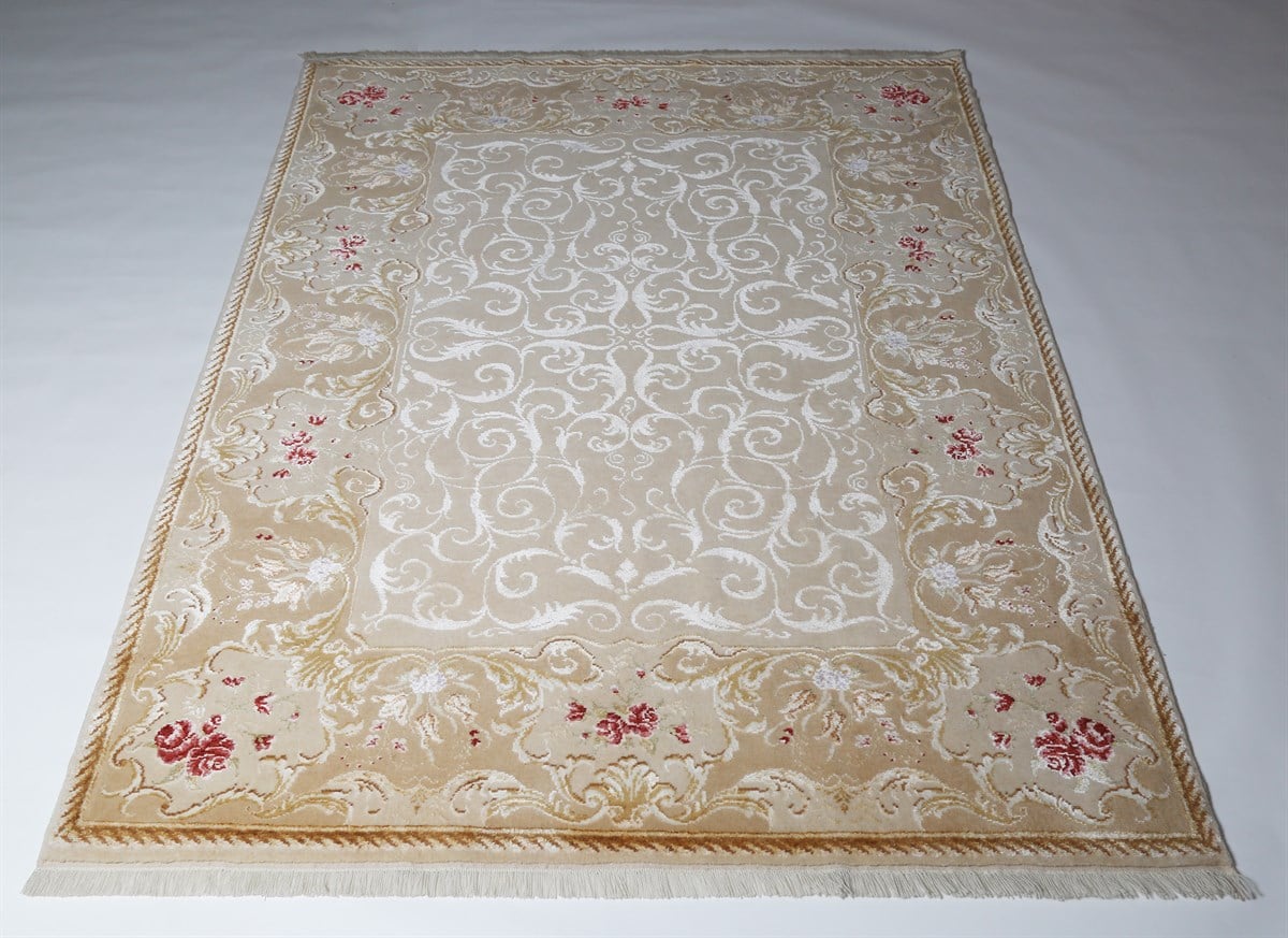Çam Halı Mohair Krem Bej 1346 İpek ve Yün El Dokuması Halı