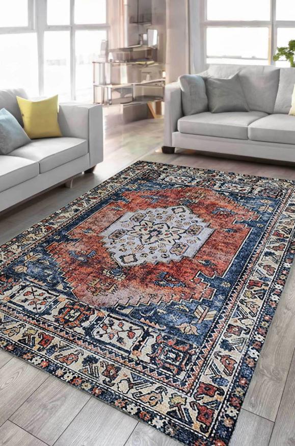 Çam Halı Siesta Etnik 32-562 Etnik Eskitme Desenli Dokuma Tabanlı Yıkanabilir Şönil Salon ve Oda Halısı