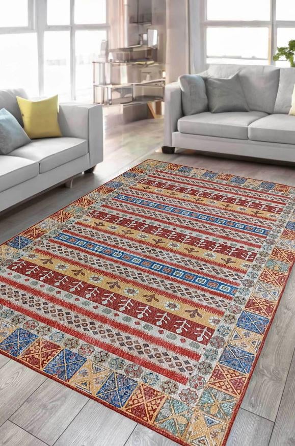 Çam Halı Siesta Etnik 32-564 Etnik Eskitme Desenli Dokuma Tabanlı Yıkanabilir Şönil Salon ve Oda Halısı