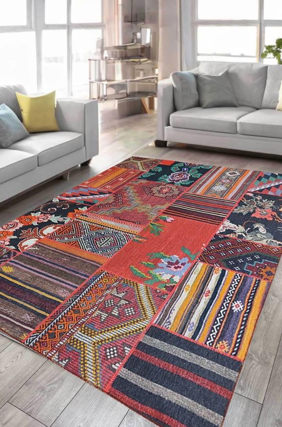 Çam Halı Siesta Vintage 32-159 Etnik Eskitme Patchwork Desenli Dokuma Tabanlı Yıkanabilir Şönil Salon ve Oda Halısı