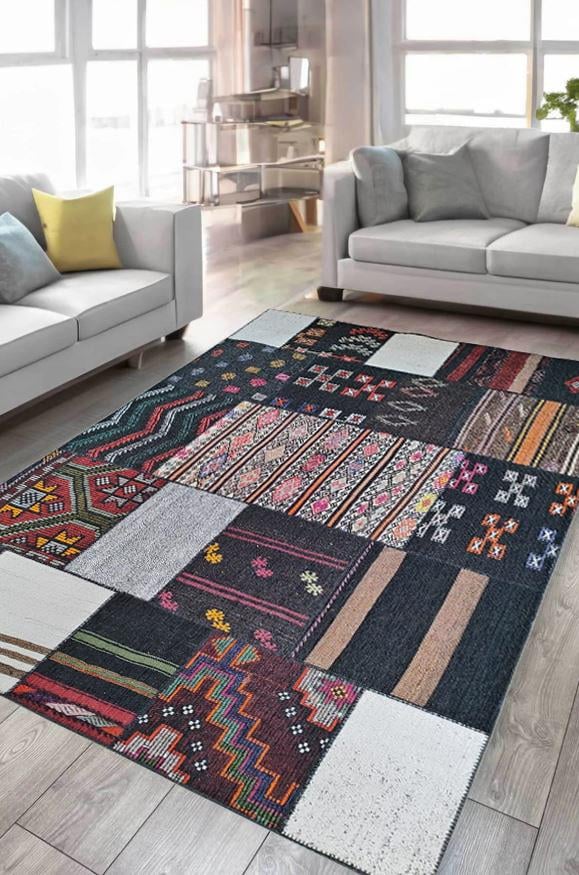 Çam Halı Siesta Vintage 32-195 Etnik Eskitme Patchwork Desenli Dokuma Tabanlı Yıkanabilir Şönil Salon ve Oda Halısı