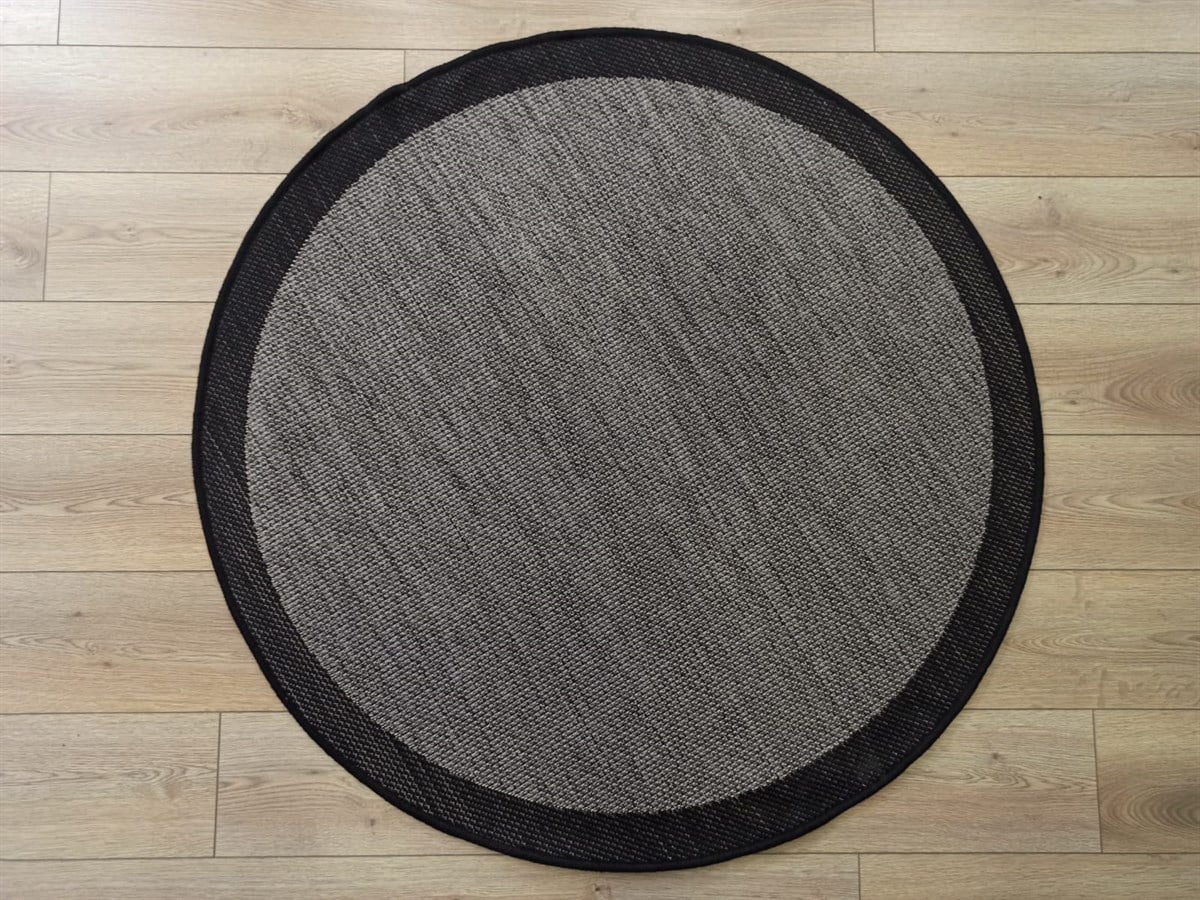 Çam Halı Sisal 9715 Gri / Siyah Bordürlü Daire Jüt Sisal Kilim